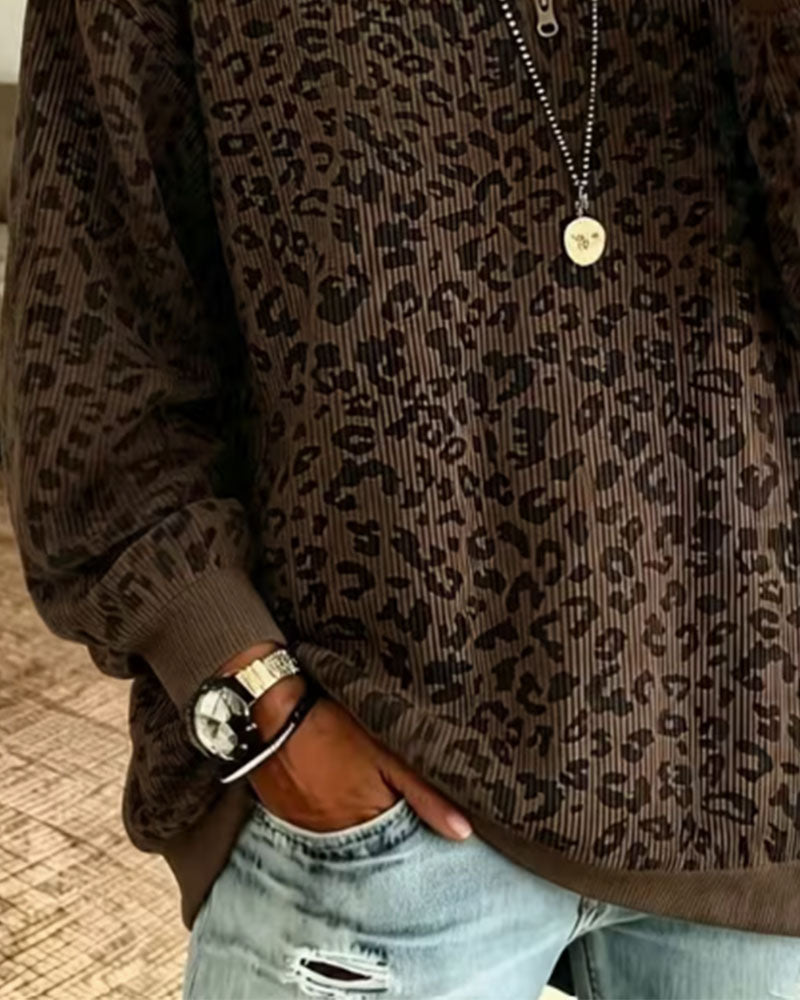 Sweatshirt Halb Reißverschluss Leopard Pullover