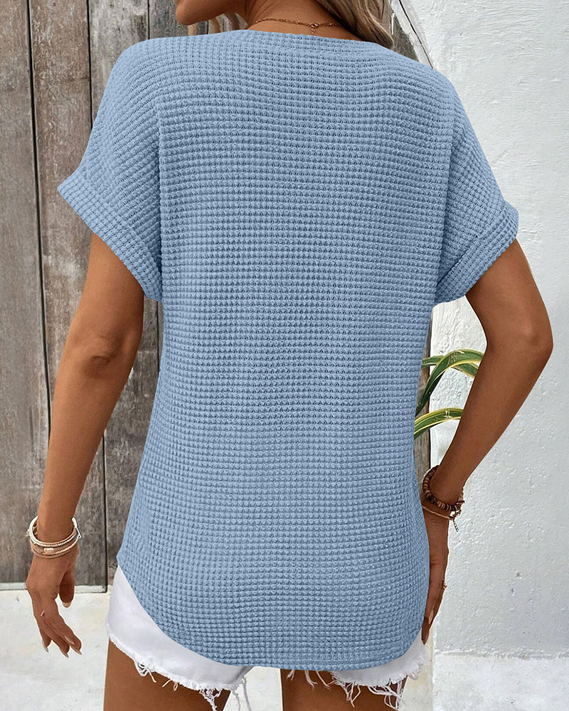 T-Shirt Damen Waffelstrick V-Ausschnitt Lässig Sommer