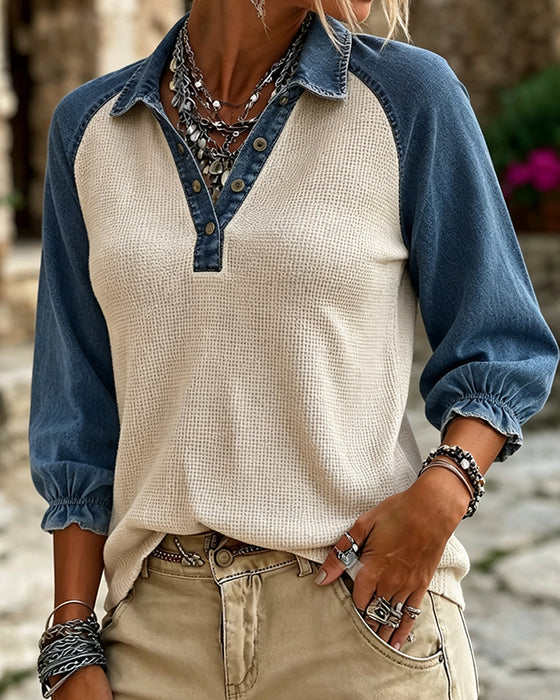 Bluse V-Ausschnitt Waffel Textur Kontrast Denim