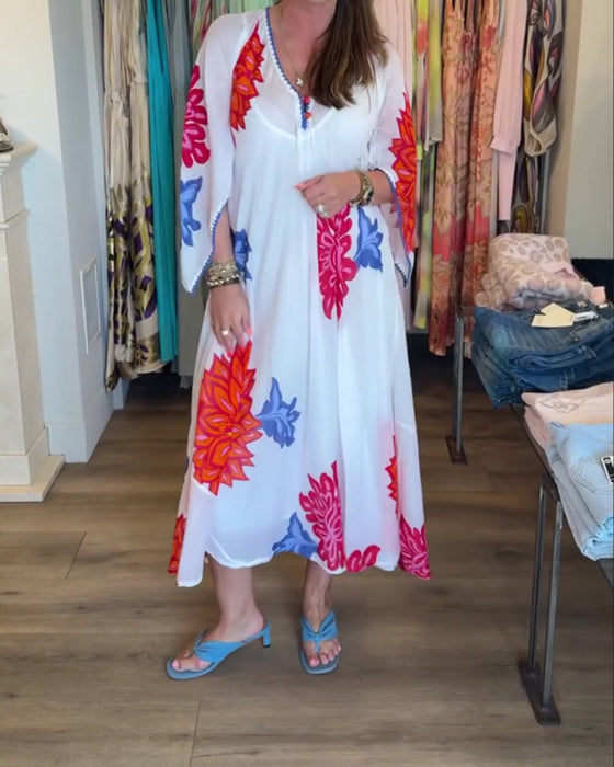 Kleid Bunt Großes Blumenmuster Locker Lang