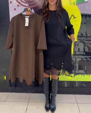 Kleid Elegant Spitze Gekreuzt Runder Halsausschnitt