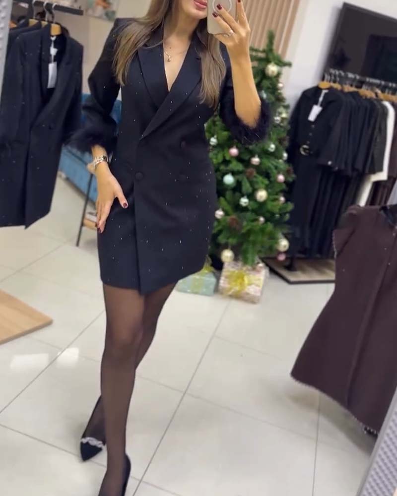 Kleid Straußenfedern Heißfixierte Kristalle Zweireihig Blazerkleid