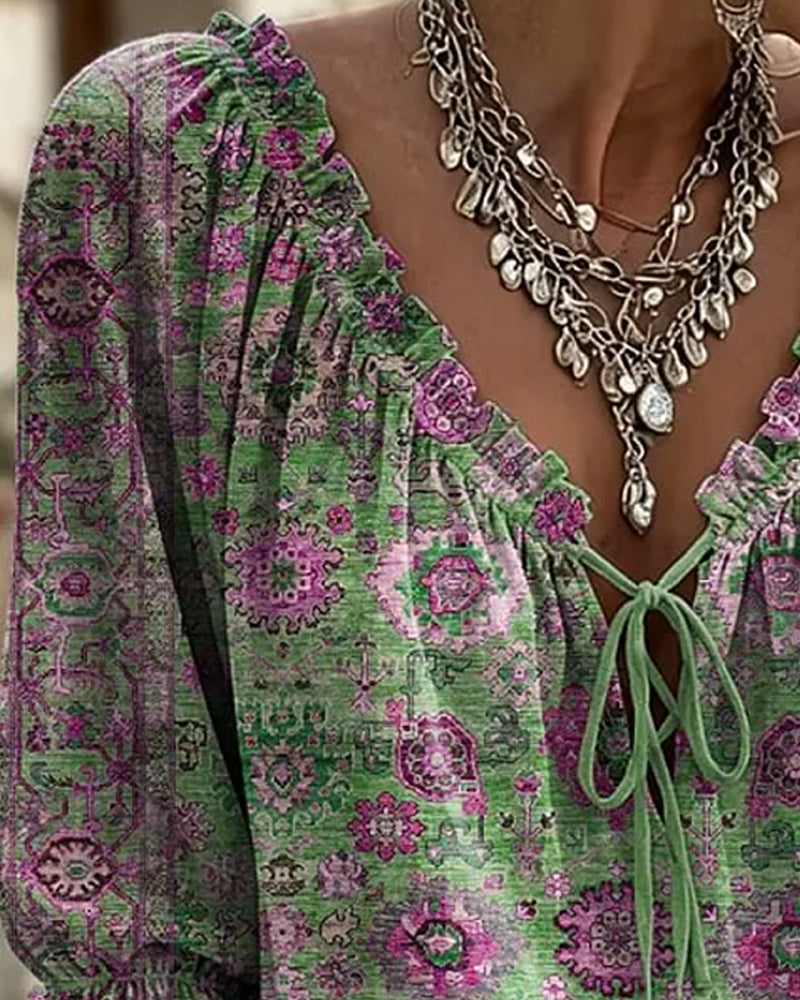 Bluse V-Ausschnitt Bindung Vintage Print