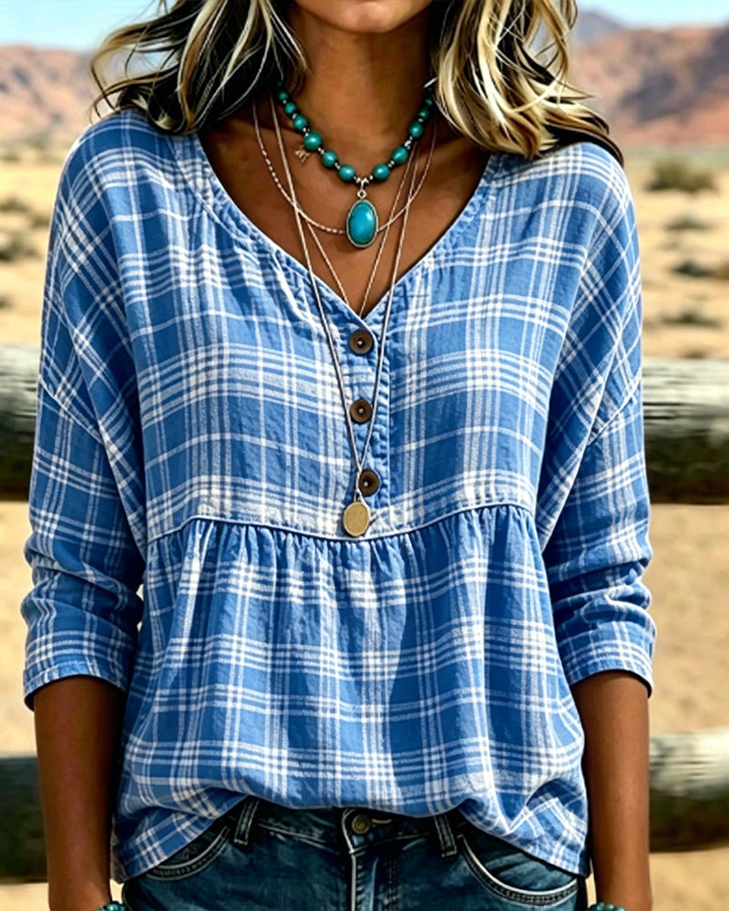 Bluse Vintage Karo V-Ausschnitt
