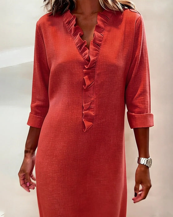 Kleid gerüscht V-Ausschnitt einfarbig