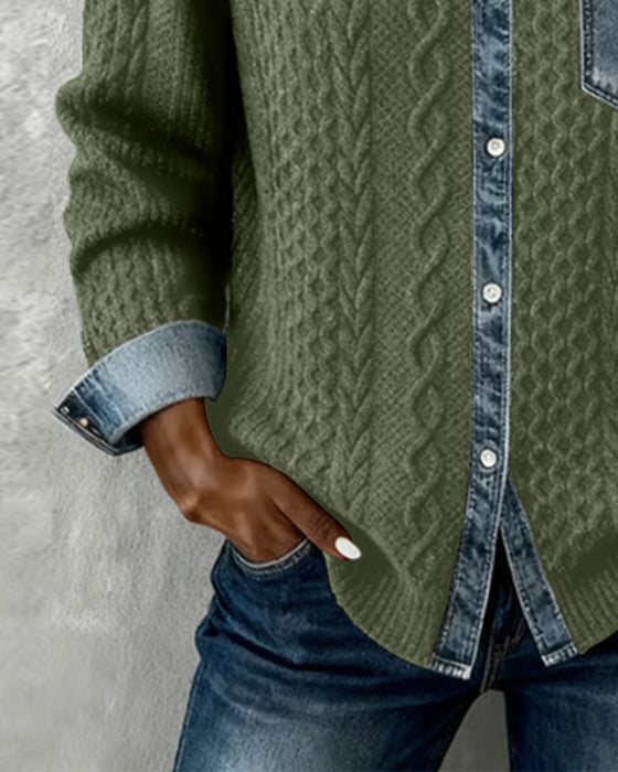 Langärmeliges Hemd mit Denim-Patchwork