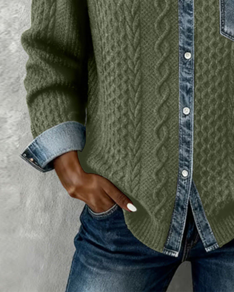 Langärmeliges Hemd mit Denim-Patchwork