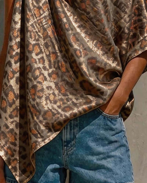 Bluse Goldfolie Leopard Ein-Schulter Twist