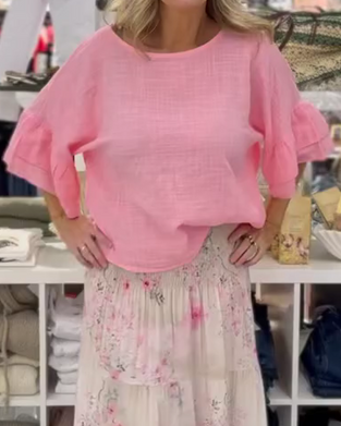 Bluse Loose Fit Rundhalsausschnitt Rüschenärmel