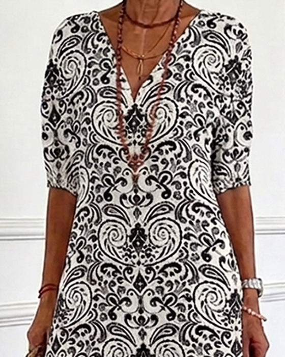 Kleid Vintage Blumenmuster V-Ausschnitt Maxi