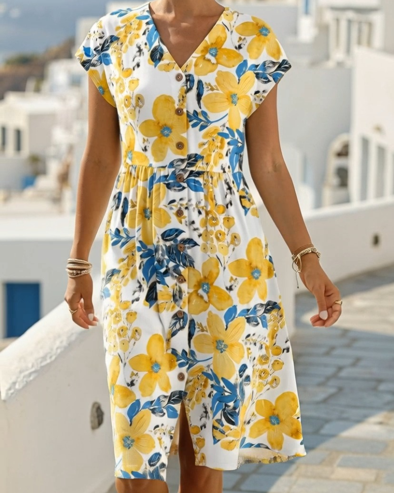 Kleid Blumendruck V-Ausschnitt Kurzarm