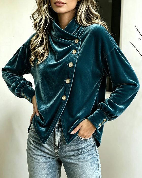 Bluse Rollkragen Schlitz Kreuz Knopf