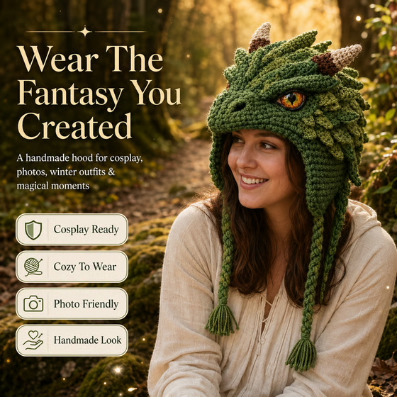 🐉✨ DIY‑Häkelset: Fantasy Kapuzenhut 🧶🎭✨