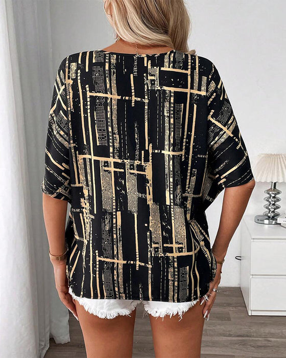 Bluse Fledermausärmel Retro V-Ausschnitt Bedruckt