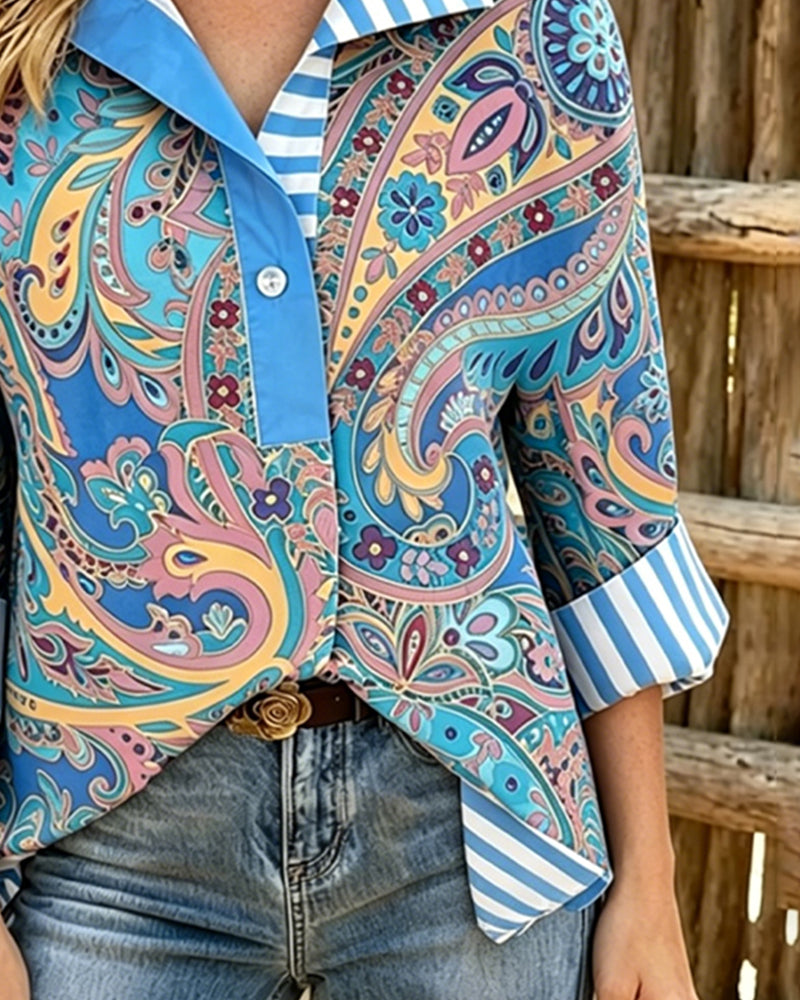 Bluse Patchwork Blumig Druck Lässig