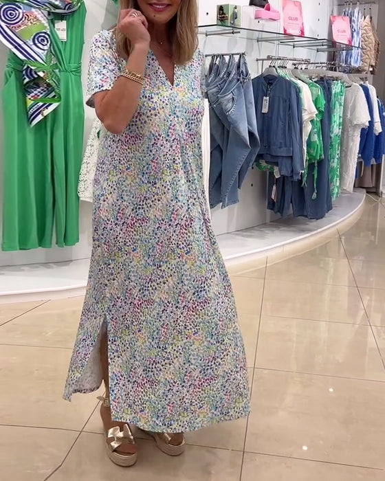 Kleid V-Ausschnitt Kurzärmelig Blumen