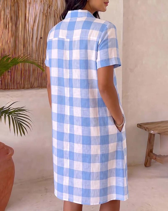 Kleid Revers Blau Und Weiß Karo