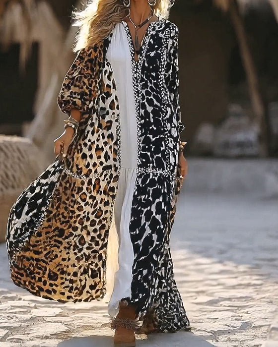 Kleid V-Ausschnitt Leopardenmuster Puffärmel Ausgestellter Rock