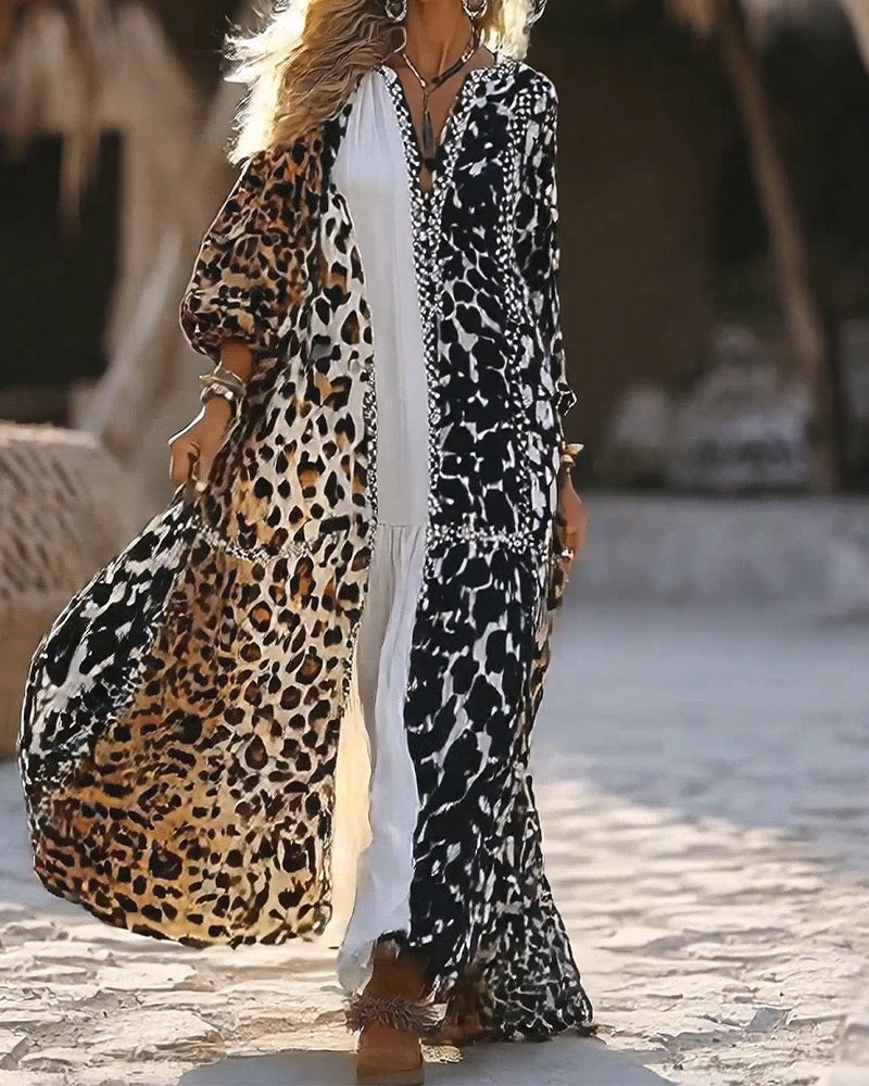 Kleid V-Ausschnitt Leopardenmuster Puffärmel Ausgestellter Rock