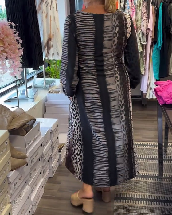 Kleid Leopardenprint V-Ausschnitt Langarm