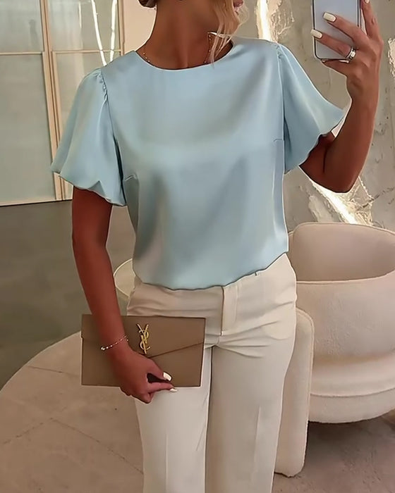 Blusen Satin Kurzarm Drapierung