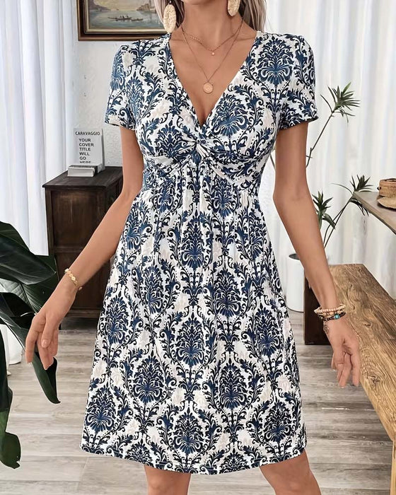 Kleid V-Ausschnitt Gerafft Hohe Taille Bohemian