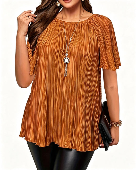 T-Shirt Plus Size Uni Plissiert Kurzarm