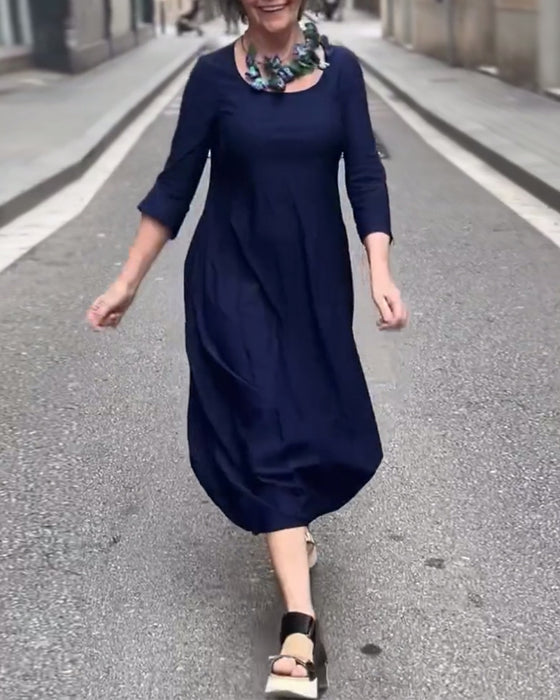 Kleid Runder Hals Uni A-Linie Stil