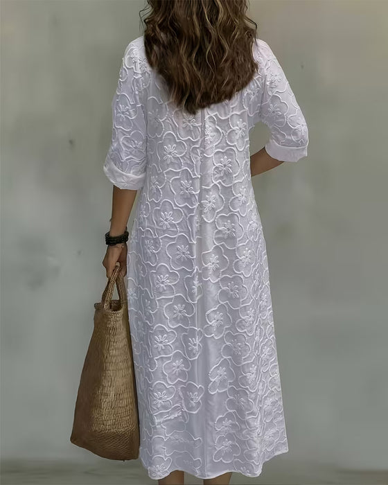 Kleid V-Ausschnitt Spitze Besatz Einfarbig