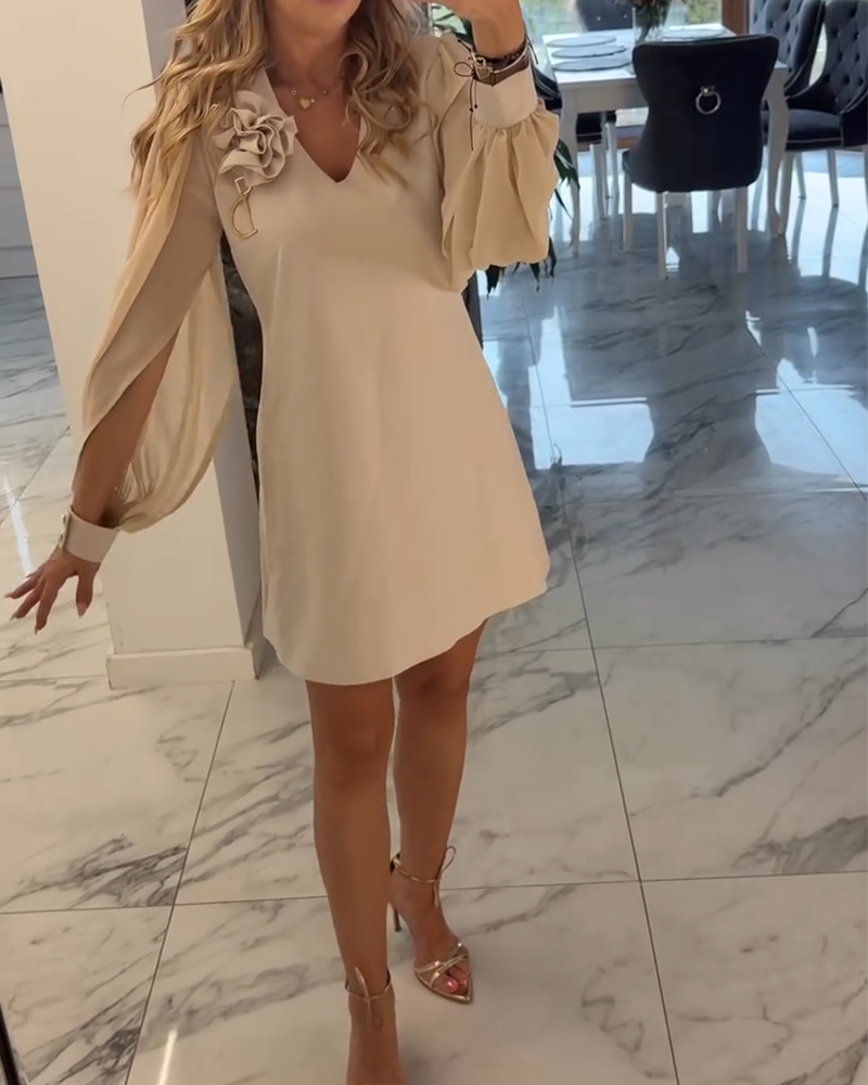 Kleid Dreidimensionale Blume V-Ausschnitt Kugelärmel