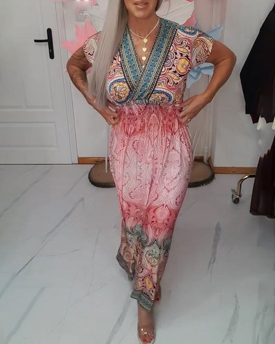 Kleid Bohemian V-Ausschnitt Tailliert Urlaub