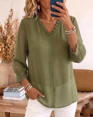Bluse V-Ausschnitt Rüsche Spitze Patchwork