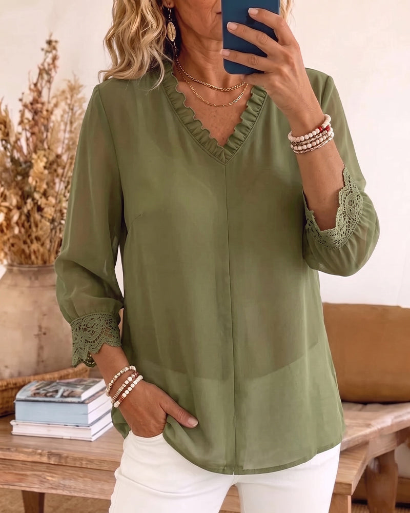 Bluse V-Ausschnitt Rüsche Spitze Patchwork