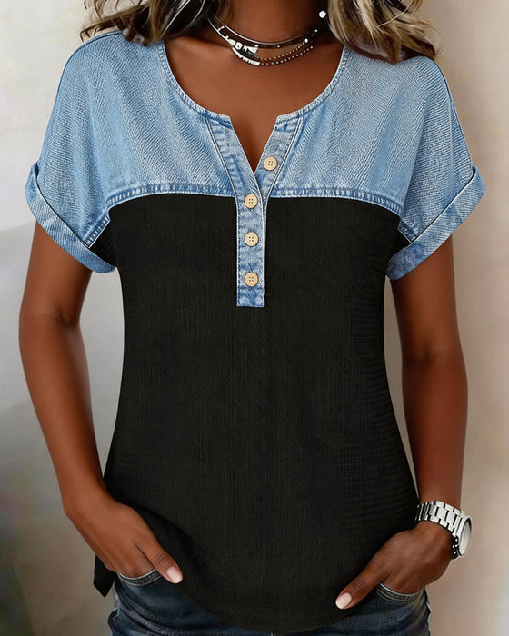 Bluse Denim Patchwork Kurzarm