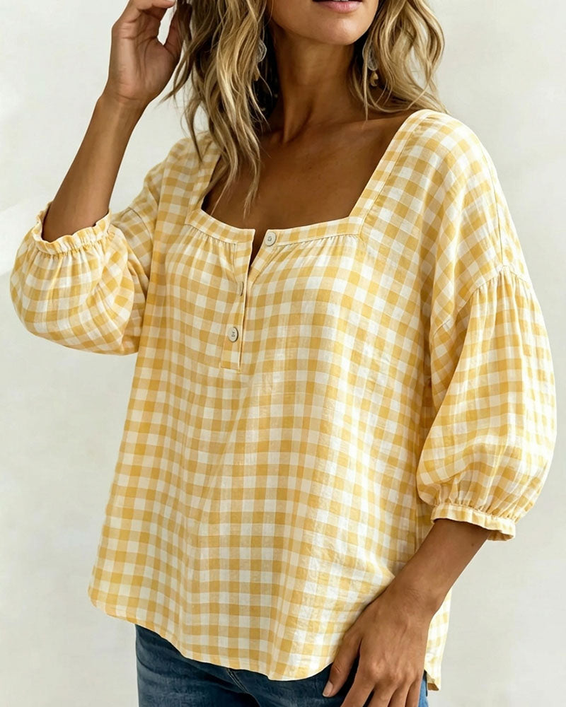 Bluse Quadratischer Ausschnitt Knopfleiste Karo