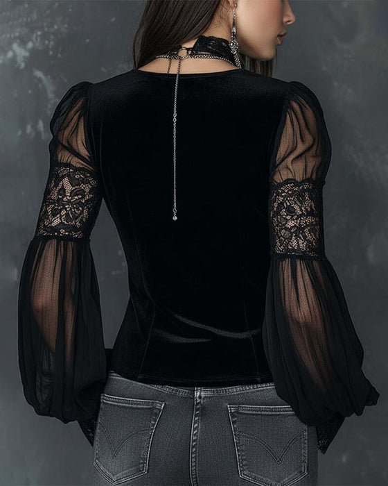 Bluse Knöpfloser V-Ausschnitt Puffärmel