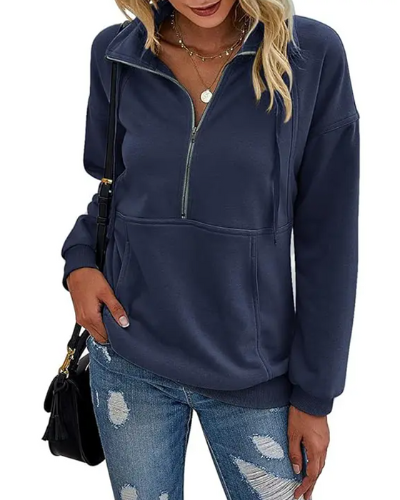Sweatshirt Einfarbig Revers Reißverschluss Tasche