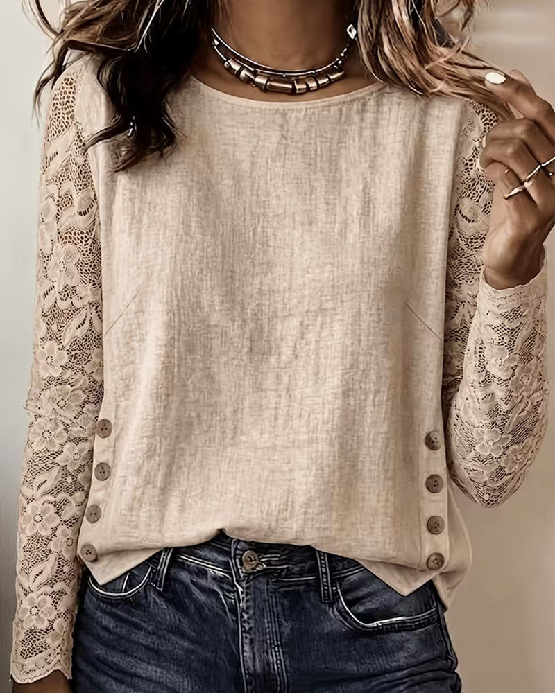 Bluse Rundhals Geknöpft Spitze Patchwork Langarm
