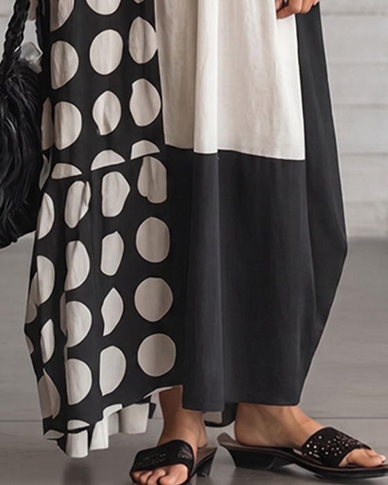 Kleid Rundhals Kurzarm Tupfen Patchwork