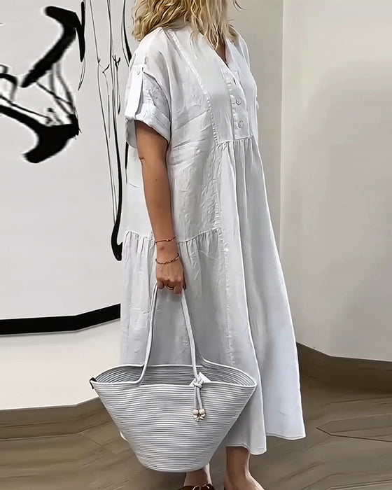 Kleid V-Ausschnitt Knopf Plissiert Weiter Rock