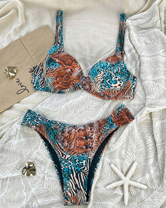 Bikini Leopard Druck Farbblock Träger
