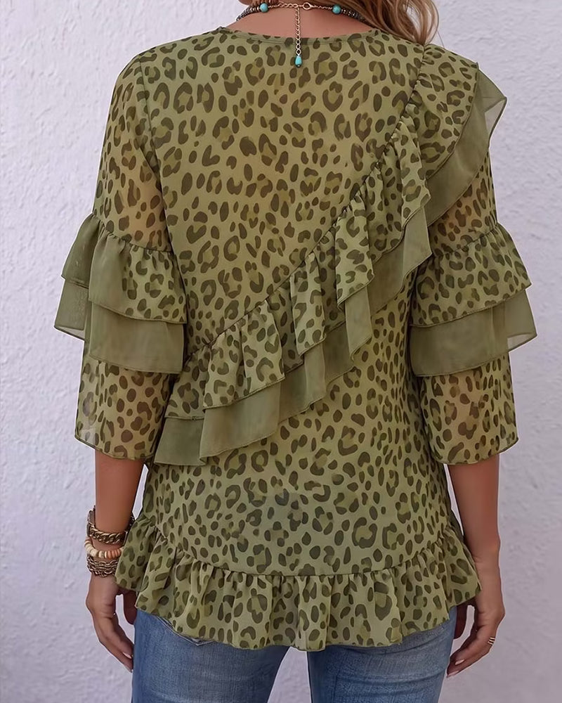 Bluse V-Ausschnitt Rüsche Leopard