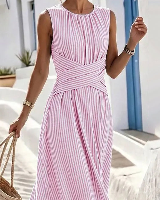 Kleid Streifen Twist Taille Ärmellos Maxi