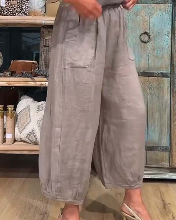 Hose Elastische Taille Tasche Weites Bein Gekürzt