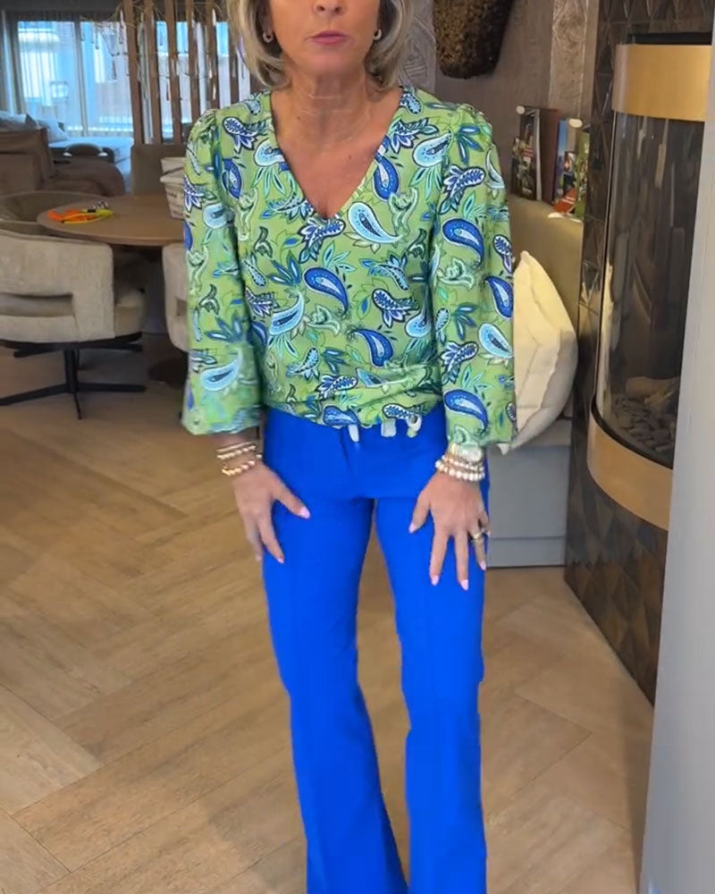 Top Wassertropfen-Druck Langarm V-Ausschnitt