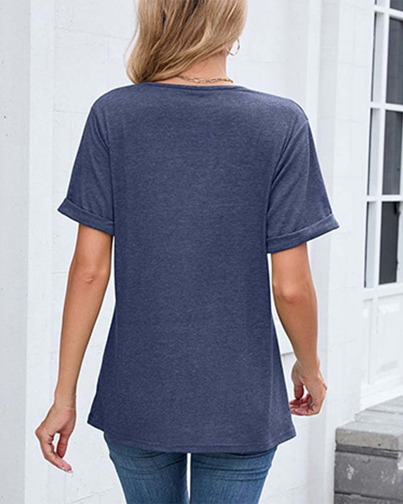 T-Shirt Einfarbig V-Ausschnitt Lässig Kurzarm