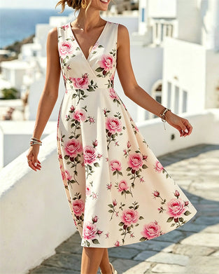 Kleid Blumen V-Ausschnitt Ärmellos Taille A-Linie