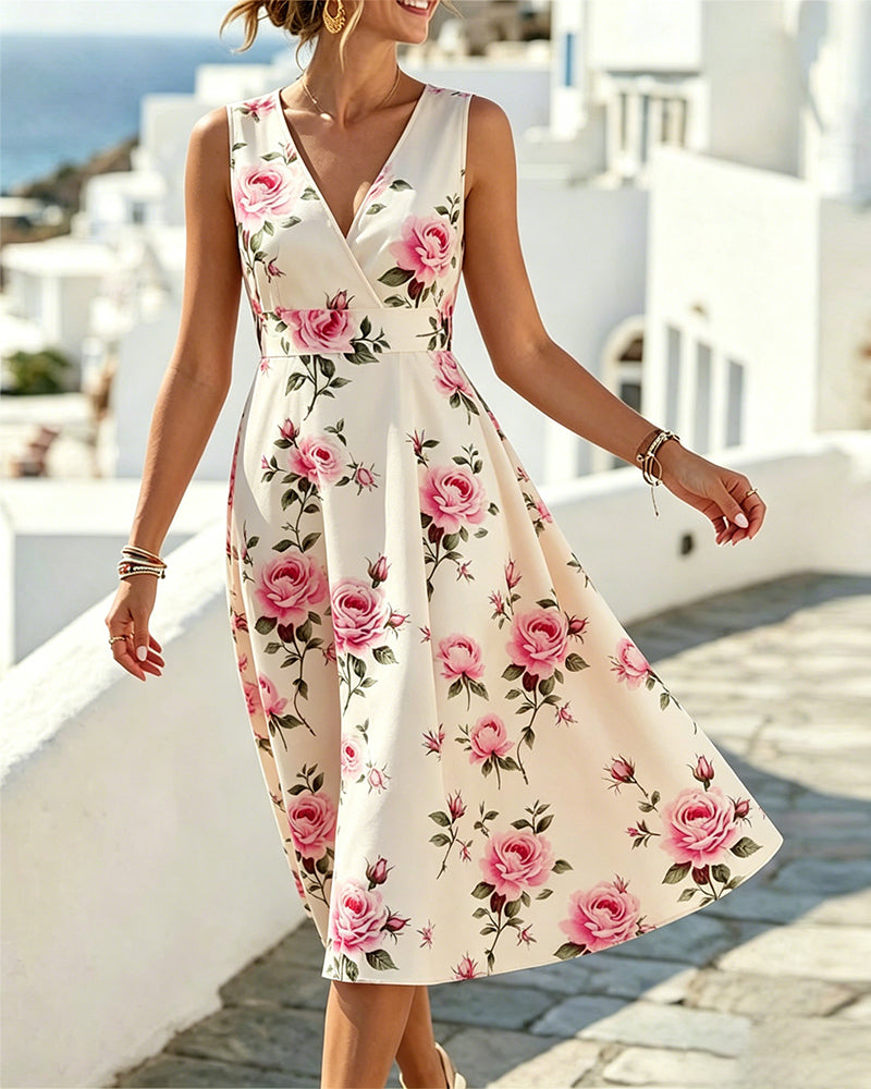 Kleid Blumen V-Ausschnitt Ärmellos Taille A-Linie