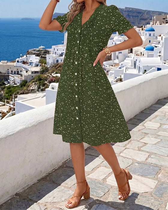 Kleid Blumenmuster V-Ausschnitt Knopfleiste vorne