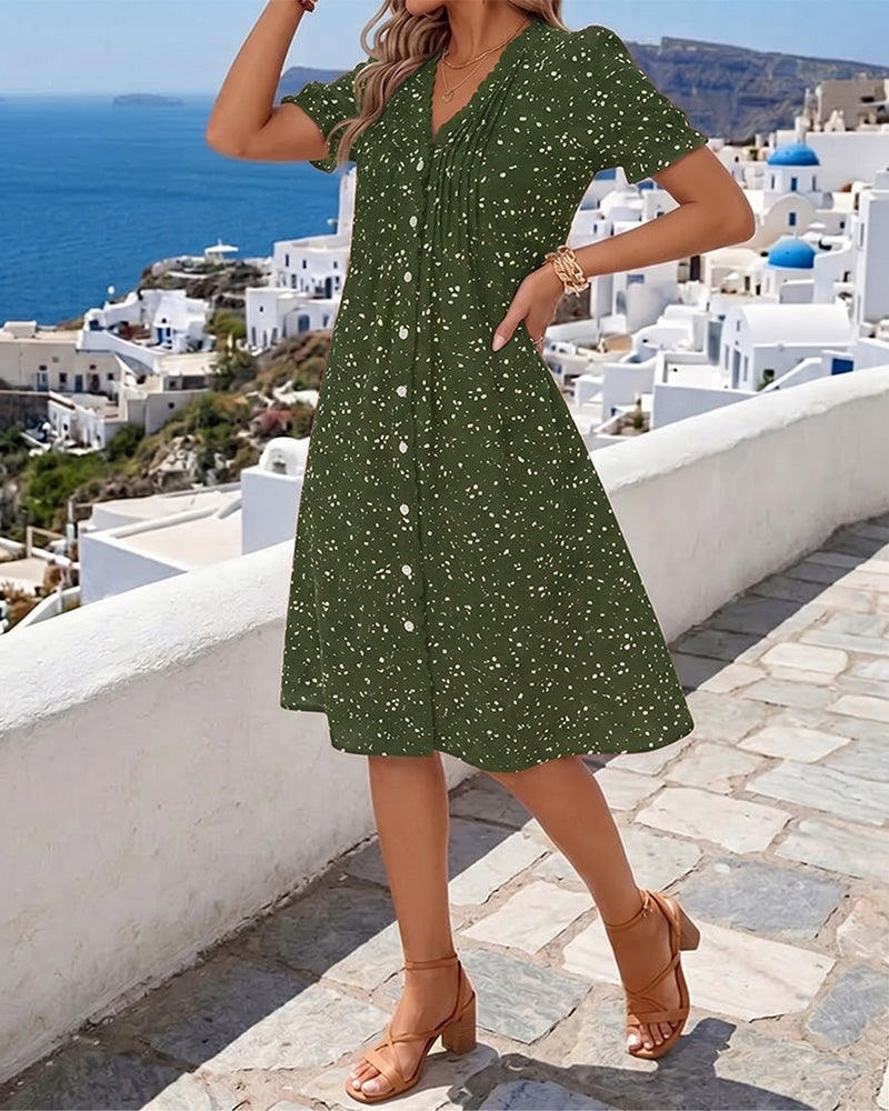 Kleid Blumenmuster V-Ausschnitt Knopfleiste vorne
